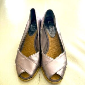 Ralph Lauren Cecilia Metallic Peep Toe Espadrille 7.5 Wedges Stacked Heel